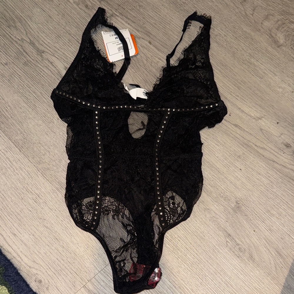 Black Lace Studded Sheer Bodysuit - Sexy Lace One-Piece